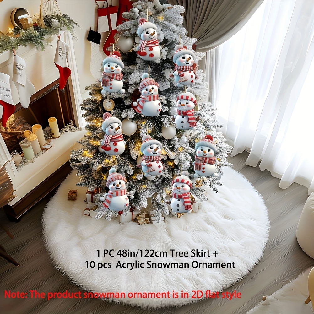 TEMU White Plush Christmas Tree Skirt Christmas Decor, Comes With 10pcs Exquisite Acrylic Snowman Ornaments, Snow White Themed Double Layer Christmas