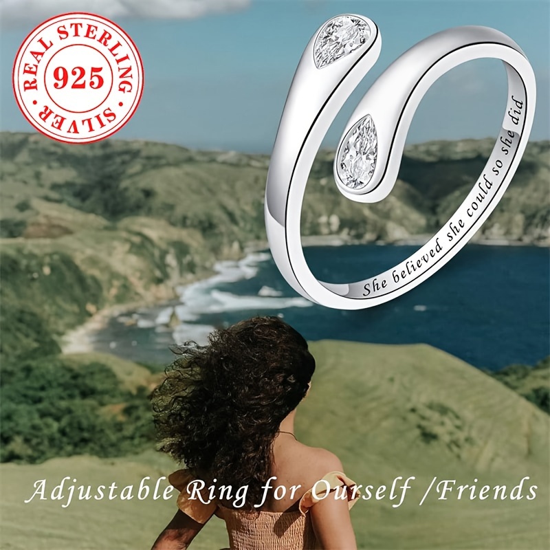 Adjustable Open Cuff Ring 925 Silver CZ Rhodium Plated April Birthstone