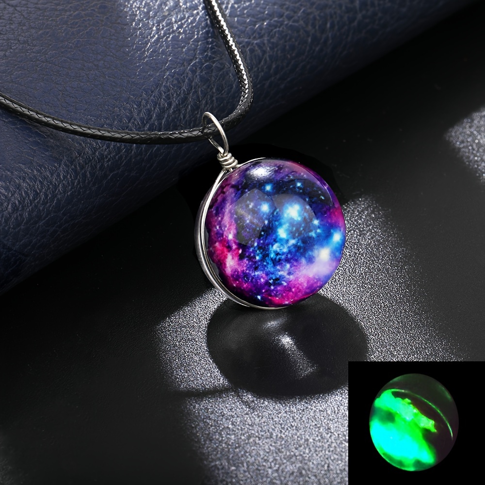 4pcs set starry river pendant necklaces set dual sided glass orb luminous boho retro style     gemstone glow in the dark travel beach jewelry accessory for music festival details 8