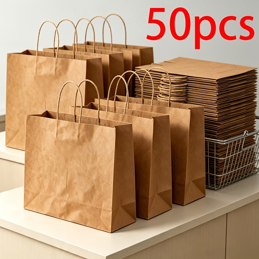 TEMU 50pcs Wide Paper Tote Bags, Unprinted Shopping Bags With Paper Cord Handles, Blank Bags Support Hand-painted Diy, Large Capacity, Suitable For