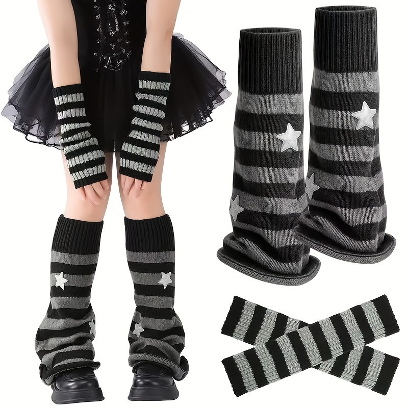 Image of 2pcs Set Of Black And Gray Striped Five-pointed Star Decorative Fashionable And Versatile Leg Warmers And Gloves. Measurement Width Refers To The Side. Accessory Placement Is Random