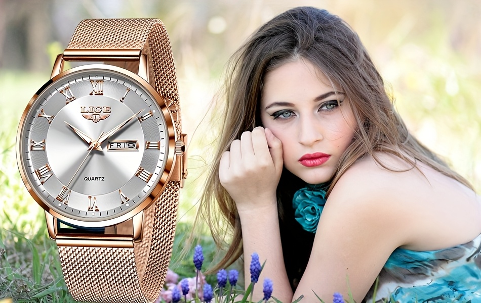 LIGE Dames Elegant Roestvrij Quartz Analoog Horloge met Datumkalender, Quartz Polshorloge Geschikt voor Dagelijks Gebruik - Tijdsmeter, Valentijnscadeau voor Vrouwen & Mannen (Merk)