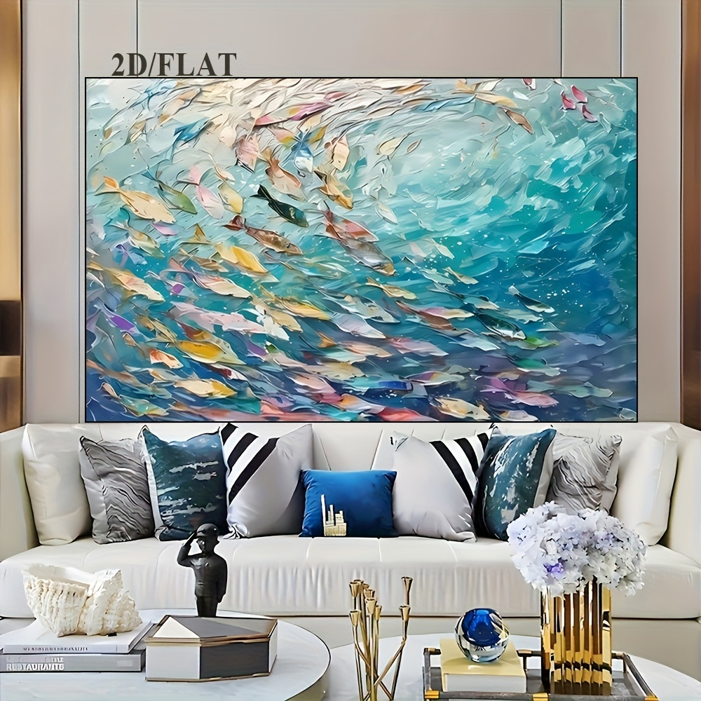 TEMU 2d Flat, 2d/flat 1pc Frameless Modern Large Abstract Fish School Canvas Wall Art, Unframed Decorative Painting For Living Room, Bedroom, Dining