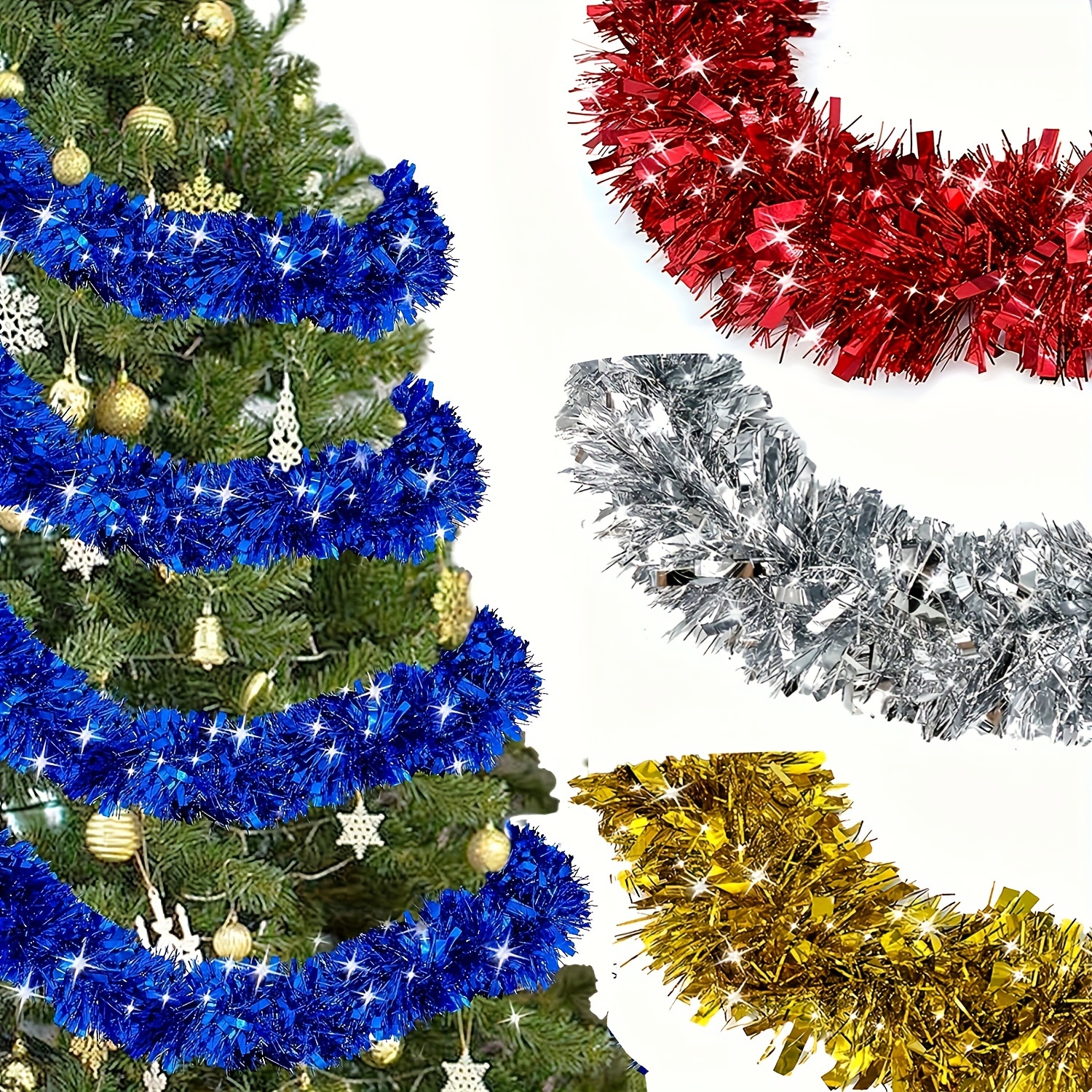 

28ft Tinsel Garlands - 4 Pack Metallic Festive Decoration For Christmas, Wedding, Birthday - Versatile Holiday Decor For Home, Office, Party Supplies - Plastic, No Feathers, Non-electric