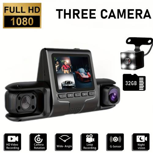 3 channel car camera 1080 dvr video recorder driving meter front interior rear night ring recording 24h parking monitoring with free 32g memory card without battery