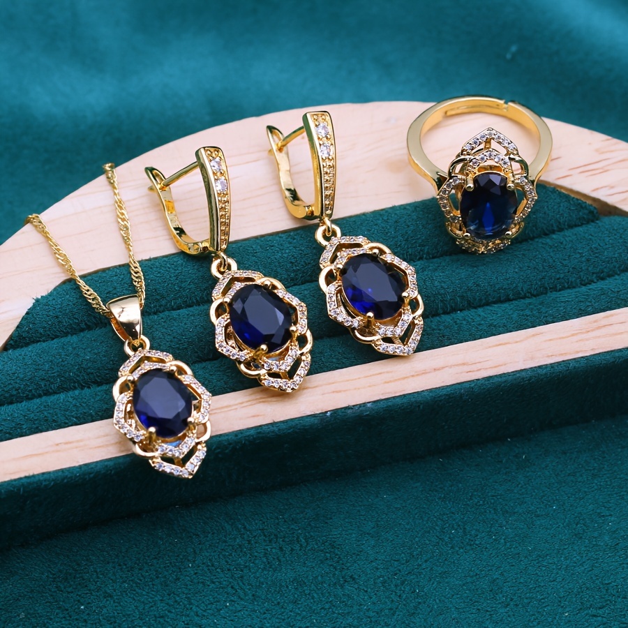 18k golden plated vintage   jewelry set with blue gemstone copper mosaic necklace earrings ring pendant set for women ideal for party gifts christmas versatile   accessory details 2