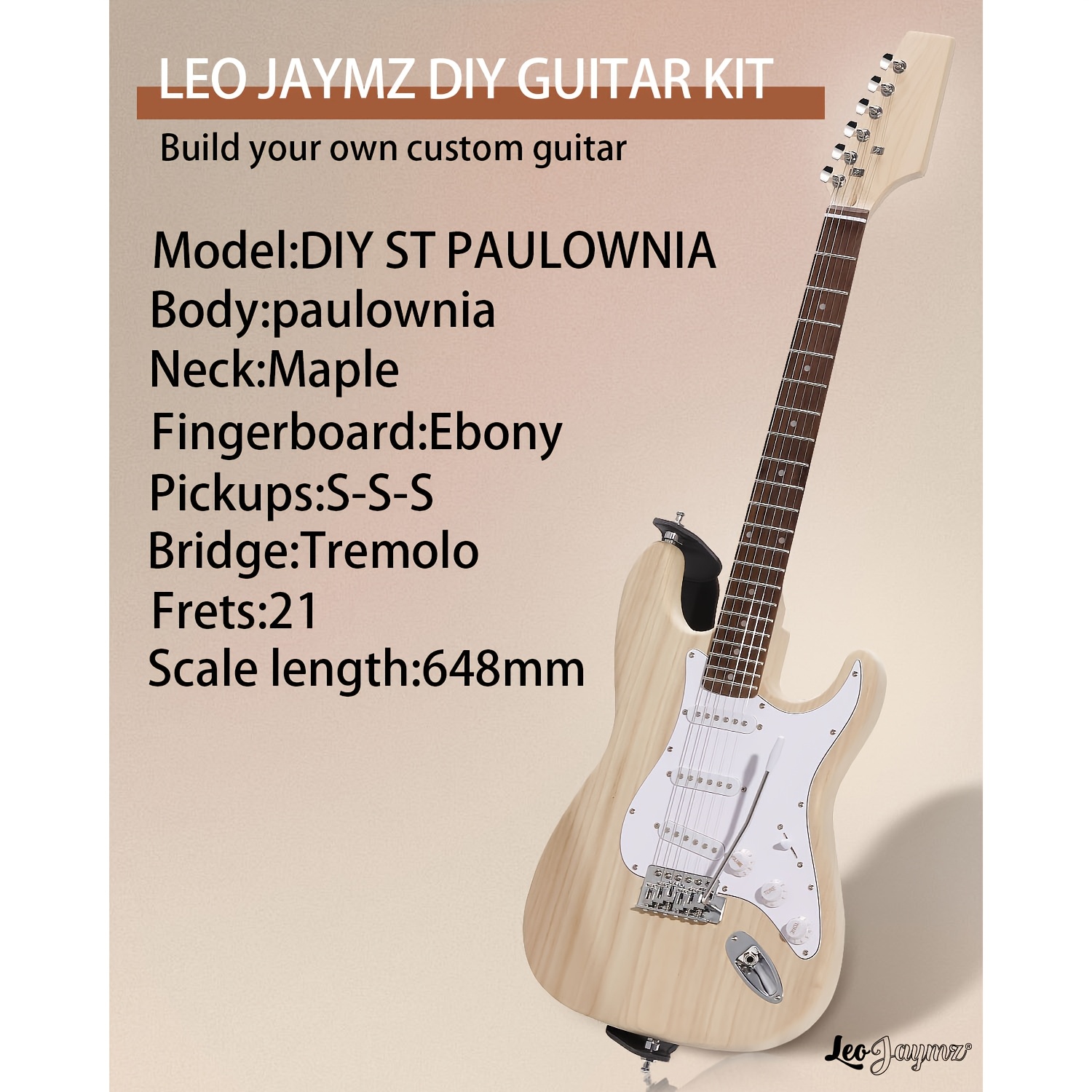 Leo Jaymz 1pc DIY Electric Guitar Kit - S-S-S Pickup Configuration, Ebony Fretboard, Maple Neck, Mahogany Body - Single Tremolo Bridge, 22 Frets, Fully Enclosed Tuning Pegs, Room Electrical Wiring