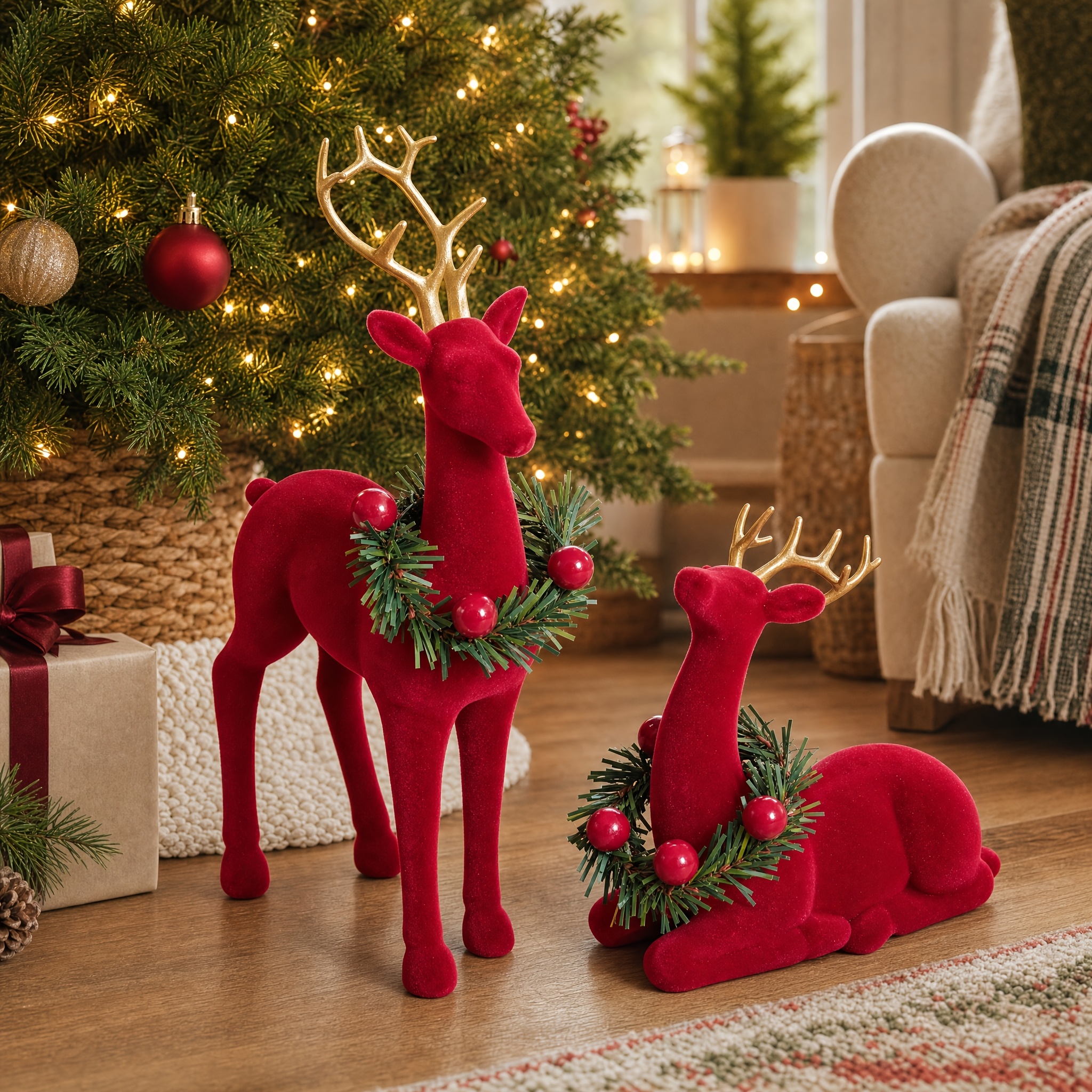 TEMU [2d Flat] 2-pack Flocked Resin Christmas Reindeer Figurines, Xmas Elk Hanging Ornaments For Christmas Trees, Home Decor Statues For Office,