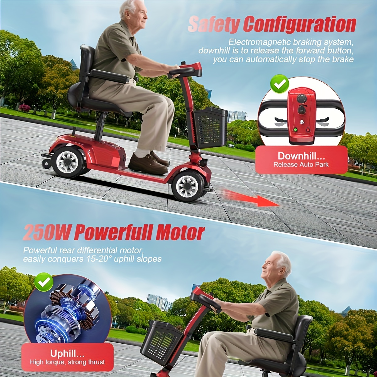 lightweight 4-wheel electric mobility scooter with non-slip   solid tires, front basket, led headlight, foldable adult mobility scooter with red/black/blue/purple colors, senior transportation, safety features disabled mobility aid Product details 7