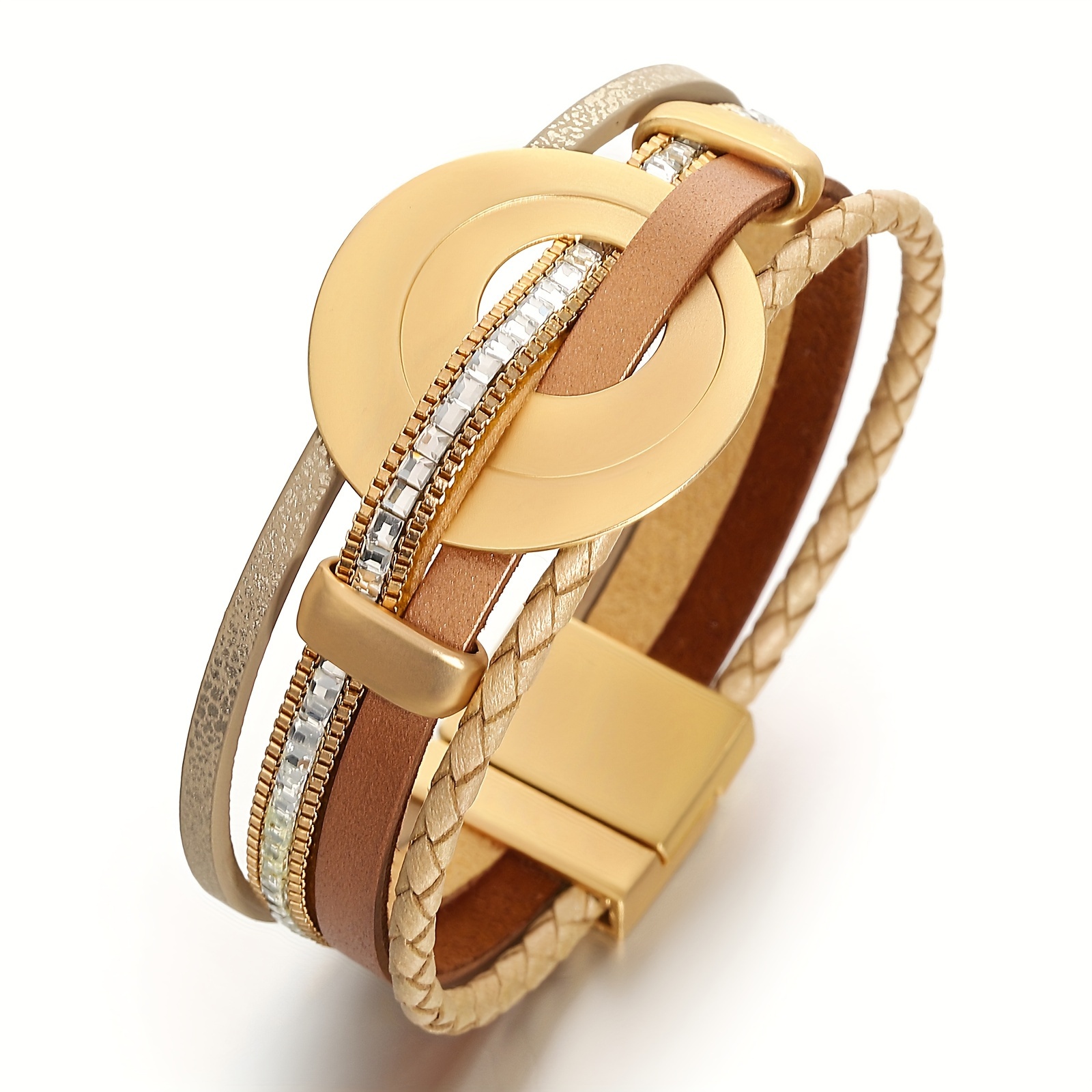 TEMU Modisches 4-lagiges geflochtenes Damenarmband aus Kunstseil mit quadratischen Perlen und Metall-Anhänger, Handschmuck, Geschenk
