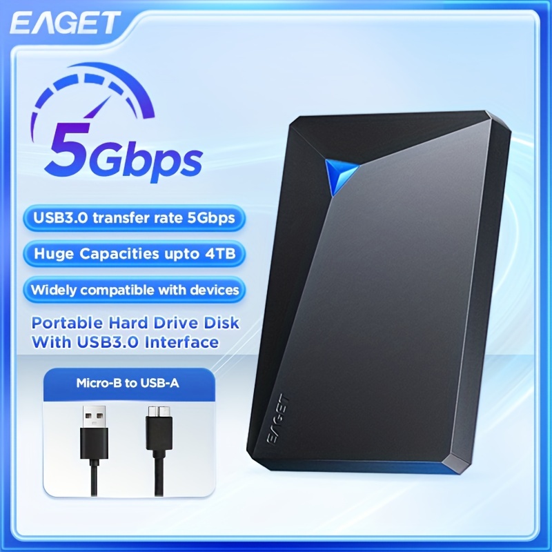 

Disque dur externe portable EAGET 4TB, USB 3.0 5Gbps, à la fatigue, pré-formatté , compatible avec le UASP, stockage mobile de haute pour PC - Options 250GB/320GB/500GB/1TB