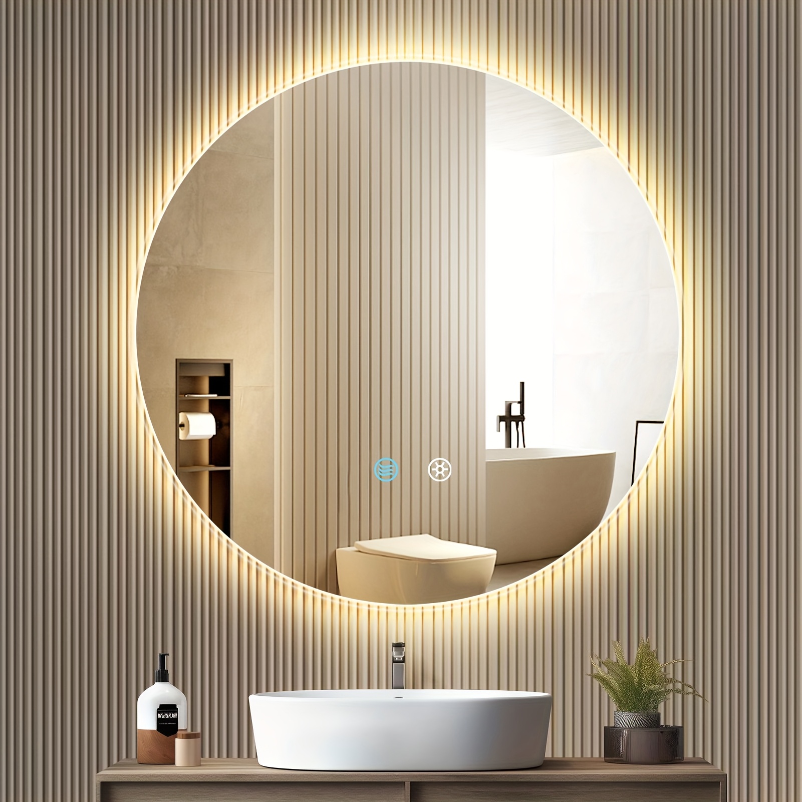 TEMU Smart Round Vanity Mirror With Dimmable Backlight & Glass - Lighting, Plug-in Wall/tabletop Makeup Mirror (eu Plug 220v), Adjustable Height