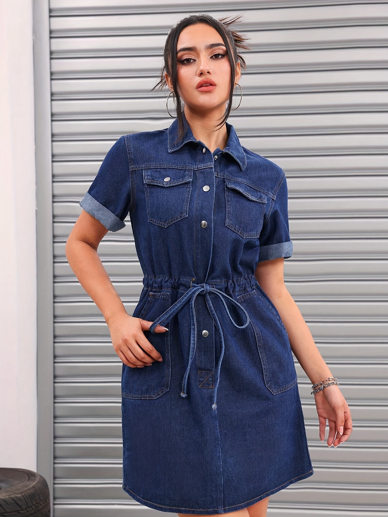 womens casual denim dress adjustable tie waist short sleeve - Temu Spain