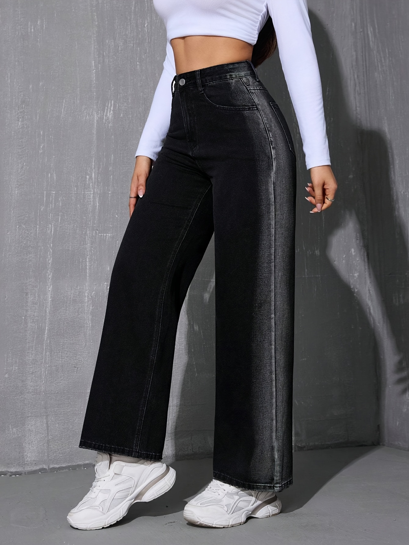 women's casual color block wide leg jeans pockets black Temu Bahrain