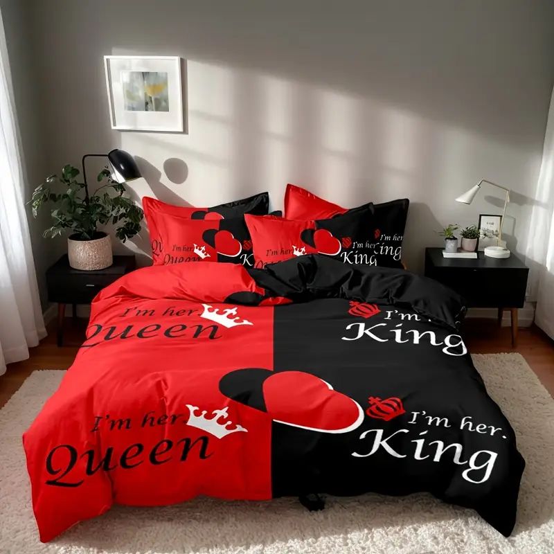 dark red and black three piece bedding set with queen king size featuring printed english letters on the duvet cover and pillowcases Product details 1