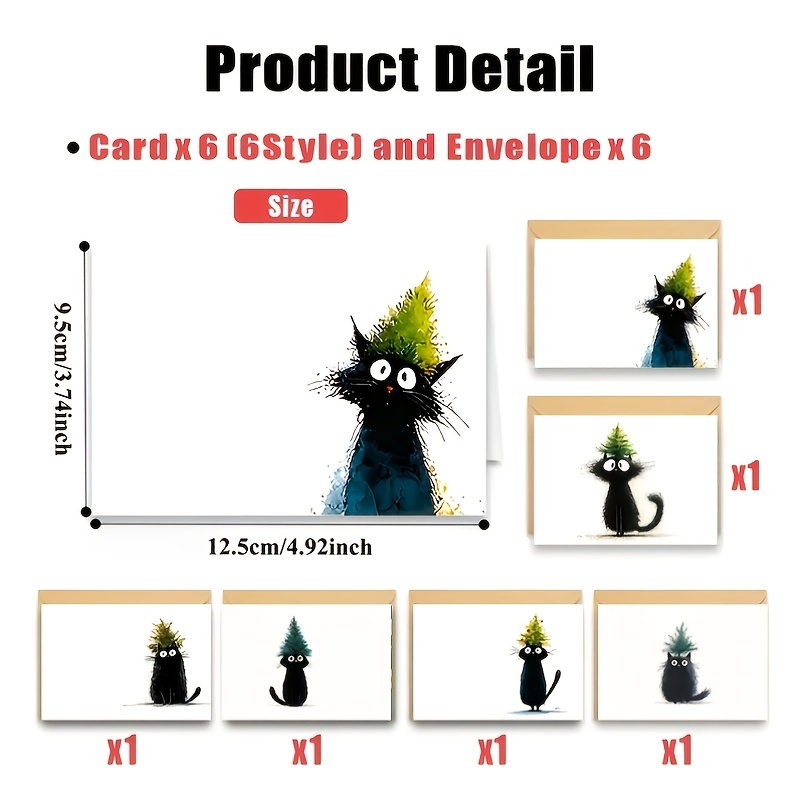 TEMU 6 Pack Cute Black Cat Christmas Tree Greeting Cards With 6 Envelopes, Funny Cat Holiday Cards For Cat Lovers