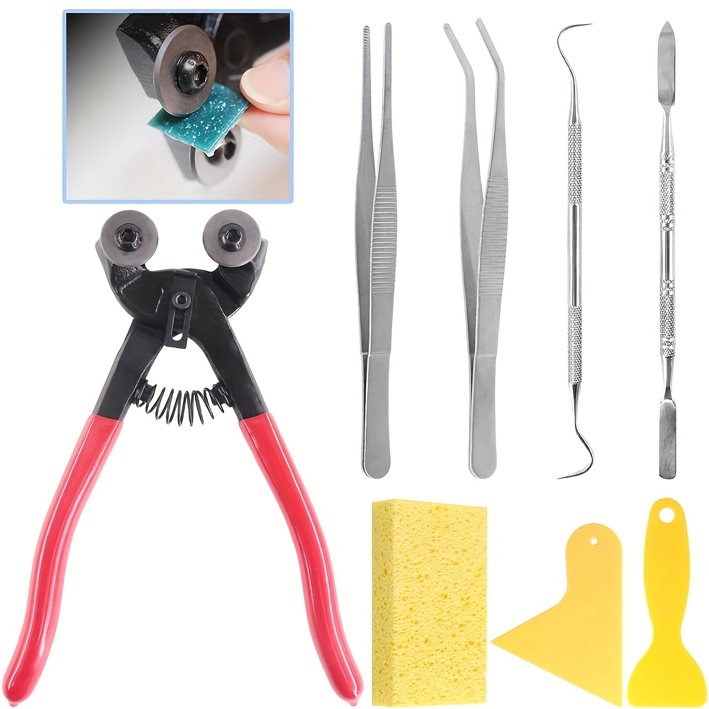 Image of 8pcs Mosaic Tools Set, Heavy Duty Double Wheeled Glass Mosaic Tile Cut Nippers With Scrapers, Tweezers, Double-ended Hook, Spatula, Sponge