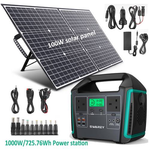 taşınabilir 1000w güç i̇stasyonu 100w solar panel ile, 725.76 wh solar jeneratör, 2 w ac çıkışı, 2 w usb-c bağlantısı, kamp, seyahat, balık tutma, karavan ve akıllı telefon tablet için güç jeneratörü bataryası