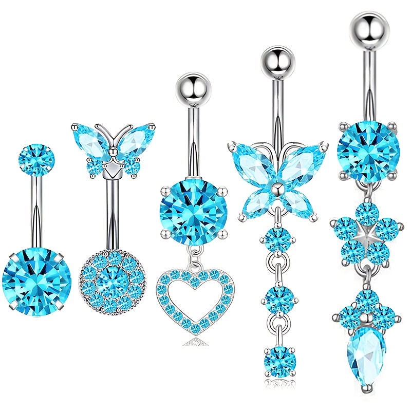 Image of 5pcs Dangle Belly Button Rings 4 Color Choose Stainless Steel Navel Piercing Jewelry For Women 14g Belly Button Piercing Heart Dangling Belly Rings