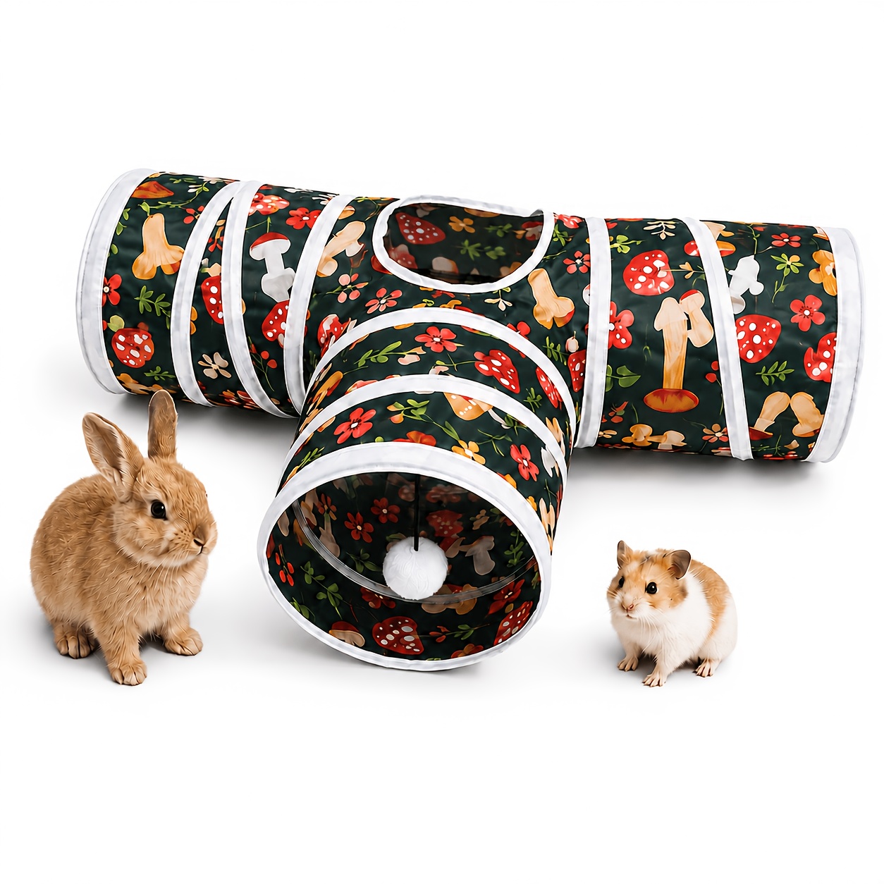 TEMU Small Pet Tunnel Toy For Rabbits, Hamsters, Guinea Pigs, And , T-shaped Foldable Play Tunnel With Peek Hole, Hanging Ball And Mushroom Floral