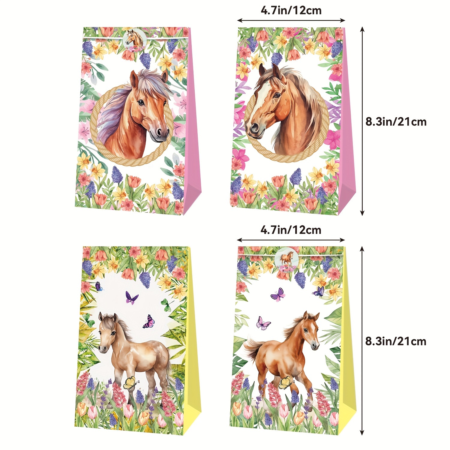 

Watercolor Horse Themed Party Favor Bags, Double-sided Design, Birthday Celebration Set, Universal Holiday Paper Gift Candy Popcorn Treat Bags For General Gifting - Pack Of 1 Set