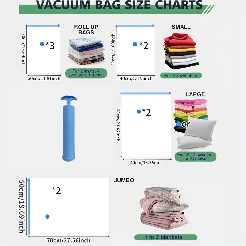 TEMU 10pcs Vacuum Compression Bag Set (3pcs S, 2pcs M, 2pcs L, 2pcs Xl, With 1 Manual Air Pump), Can Store Items, Suitable For Travel And Home