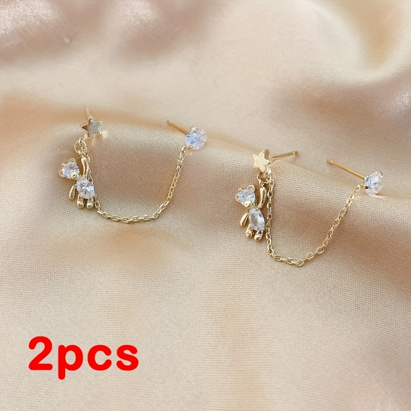E-shop 1/2 Stück Niedliche Bär Ohrstecker mit Kette Doppel Ohrloch Piercing Knorpel Ohrhänger Tragus Helix Edelstahl Mode Schmuck