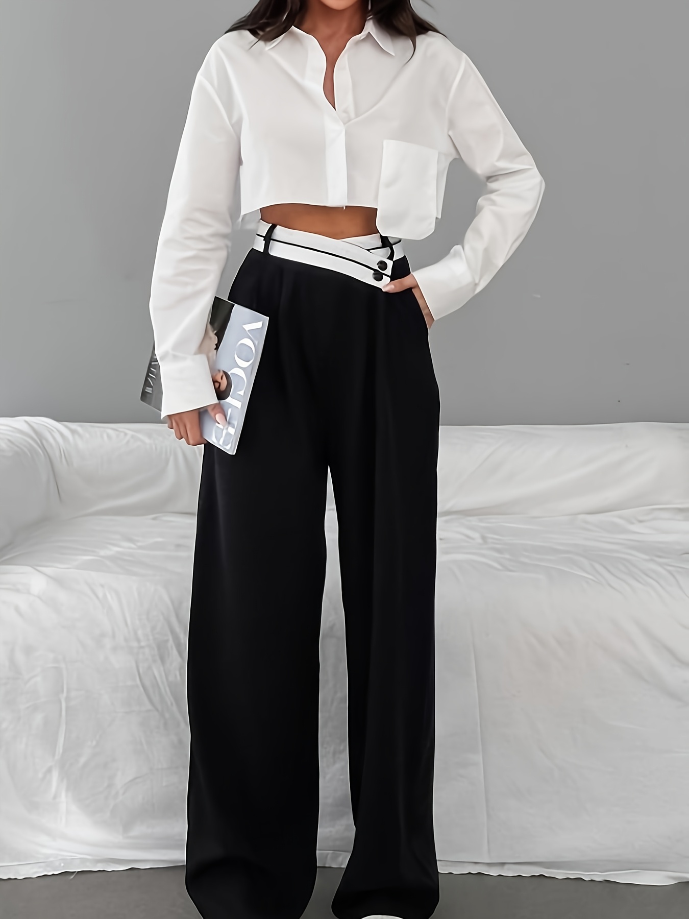 duurzame bouw, dames hoge taille kleurblok   broek - casual wijde pijpen broek, polyester en elastaan, machinewasbaar,   mode 0