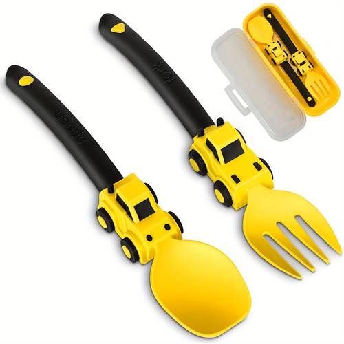 Simple and Cute Cartoon Sports Car Fork and Spoon Set for Kids, Children's Fork and Spoon for Fruit and Independent Eating, Cartoon Tableware