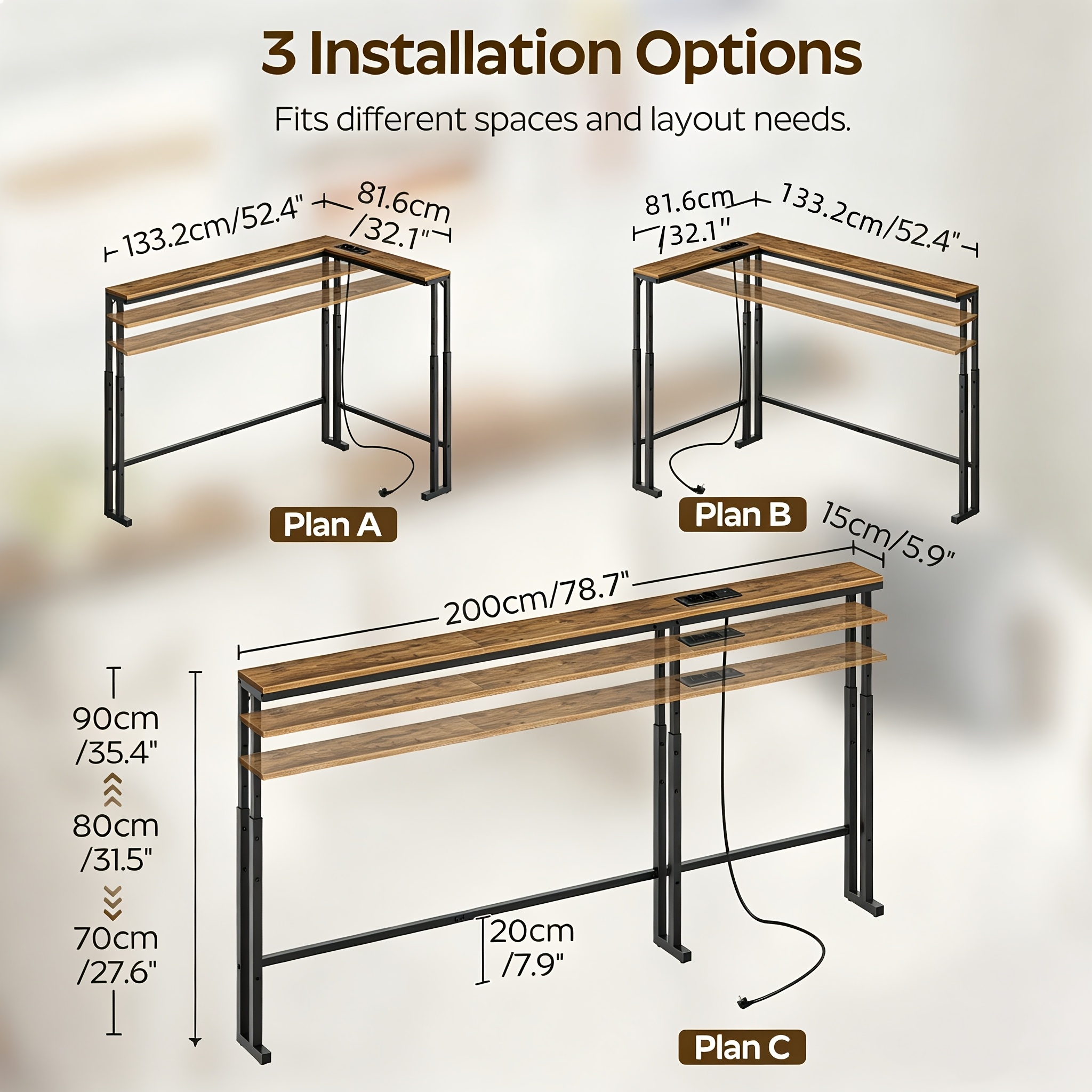 180cm Narrow Console Table, Height Adjustable, L-shaped Sofa Table, Narrow And Long, With Charging Station, Behind The Sofa
