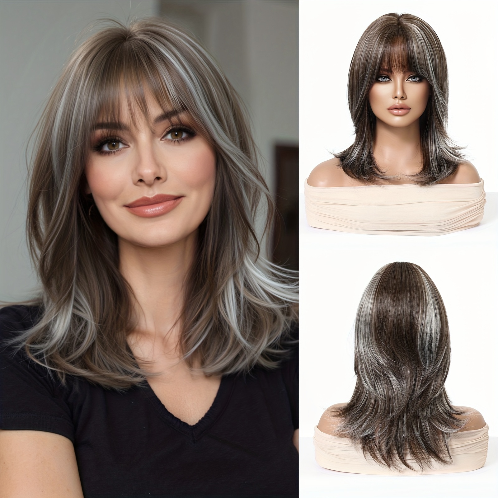 TEMU 16 Inch Elegant Brown With White Highlights, Mixed Dye Straight Short Style With Bangs, Layered Cut, Suitable For Daily And Vacations, Suitable