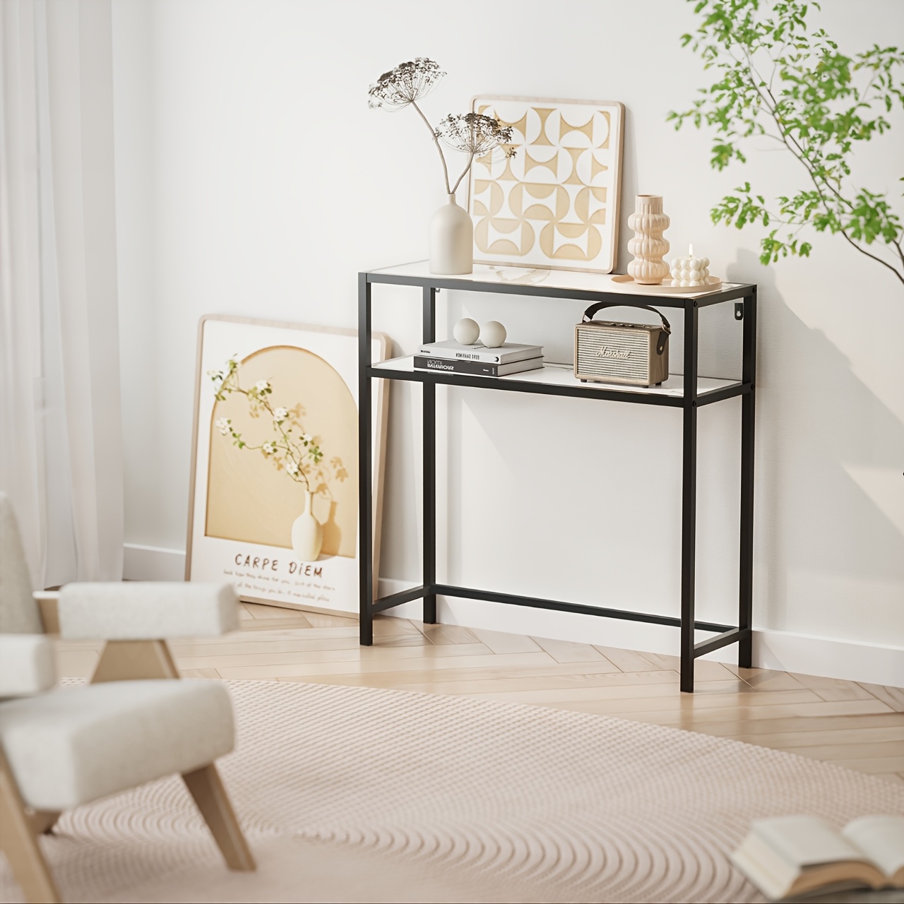 Mesa de Entrada Estrecha Jeenwur/Mesa Consola - Mesa Moderna de Ahorro de Espacio con Tapa de Madera de Pino y Estructura Robusta de Metal, Fácil Montaje, Adecuada para Pasillo, Sala de Estar, Entrada - Pequeño Soporte para TV, Mesa de Exhibición (80.01cm/80.49cm/27.0cm)