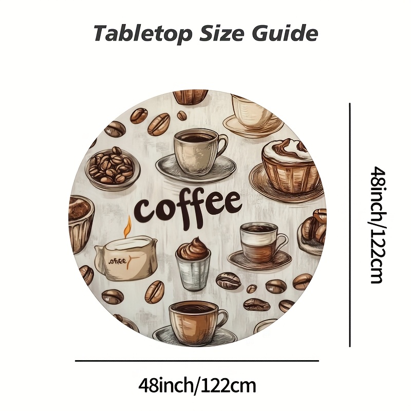 TEMU 1pc Retro Coffee Theme Round Tablecloth 48x48 Inch - Elastic Wipeable Polyester Table Cover With Vintage Coffee Cups, Beans & "coffee" Text