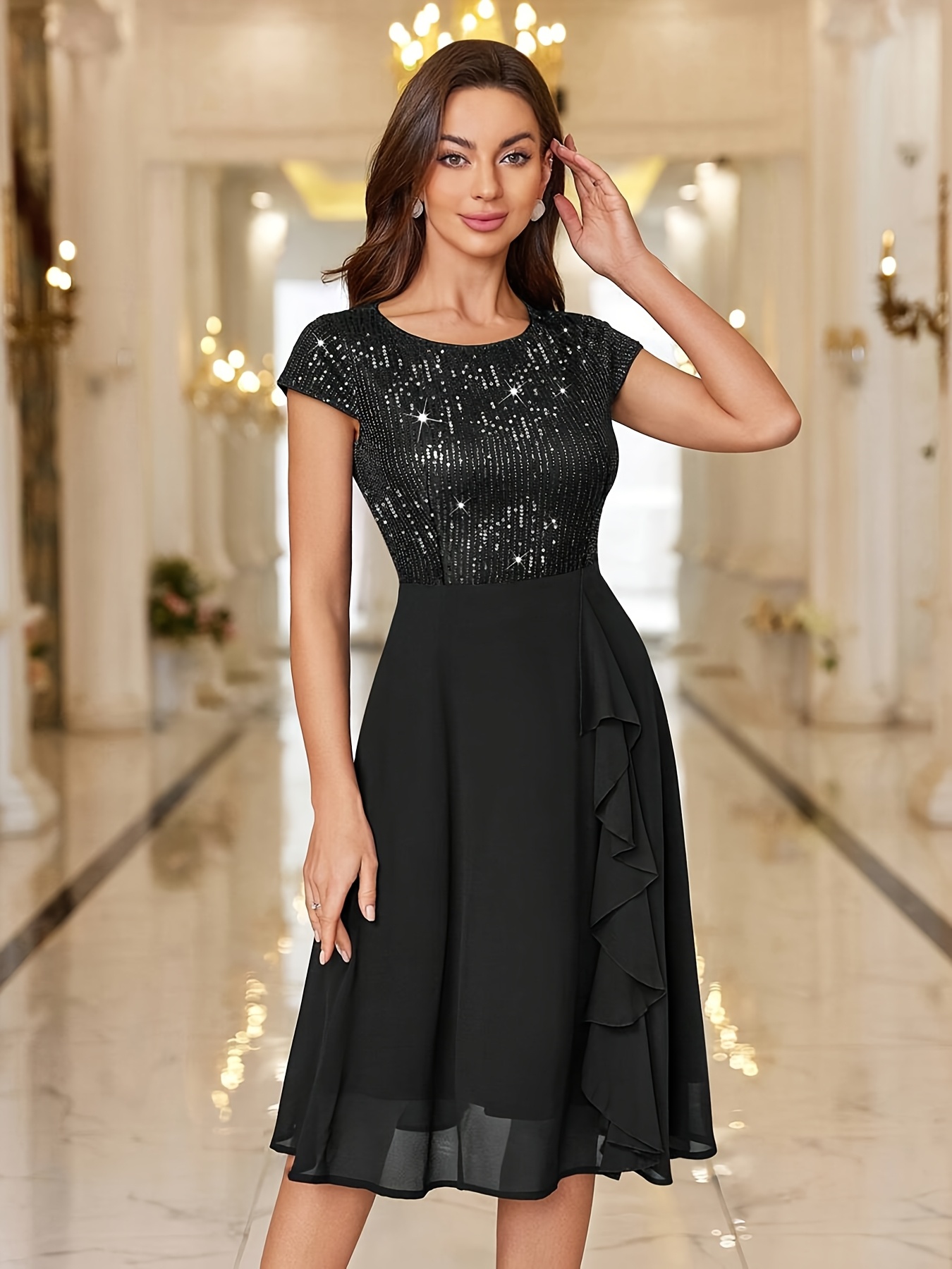 Women's Black Sequin Embellished Bodycon Dress - Middle Eastern-Inspired  A-Line Midi Dress with Short Sleeves & Round Neck, Hand Washable Elegant  Formal Party Wear, Sequin Party Dress * * No Stretch ...