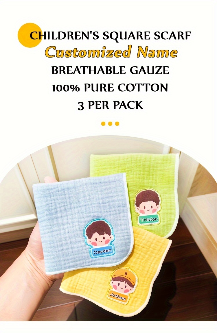 3pcs soft absorbent gauze handkerchiefs for   breathable natural material with cute cartoon designs custom name option   details 0