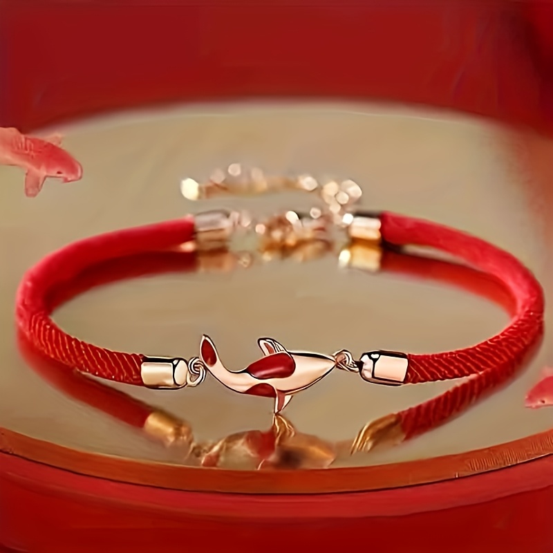 TEMU Pulsera de Cuerda con Pez Koi de para Mujer, Pulsera Ajustable Estilo Chino, Pulsera Minimalista Vintage de Cuerda Tejida