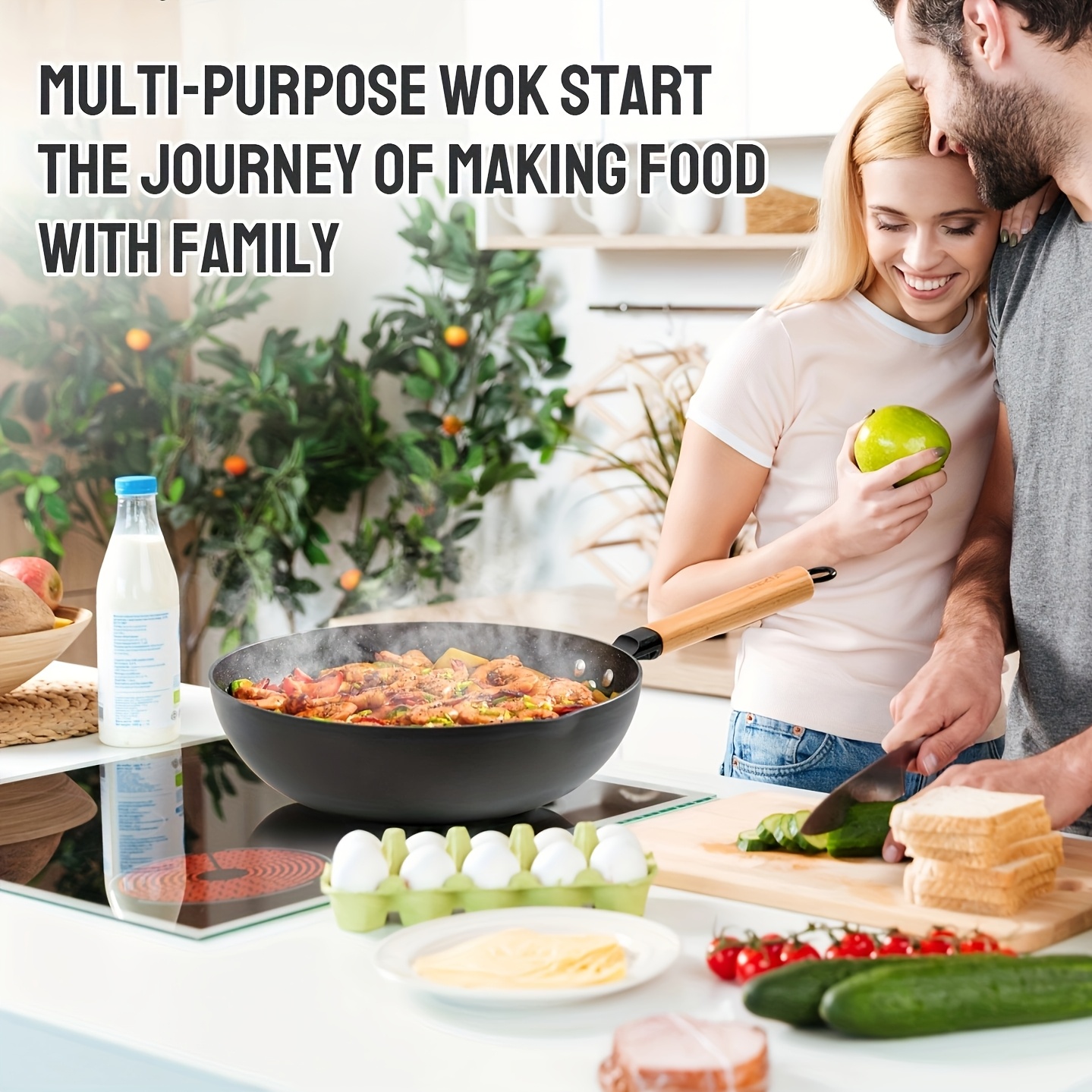 E-shop 30 cm Induktionsgeeigneter Antihaft-Wok mit Deckel, flache Pfanne zum Wokkohandkochen, abnehmbarer Holzgriff, geeignet für alle Herdtypen