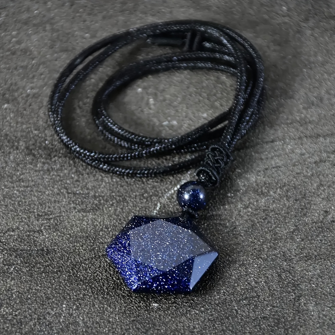 Image of 1pc Vintage Hexagon Blue Aventurine Pendant Necklace - Geometric Stone Jewelry With Black Cord, Unisex Casual Attire And Holiday Gift For Valentine's Day, Mother's Day, Father's Day