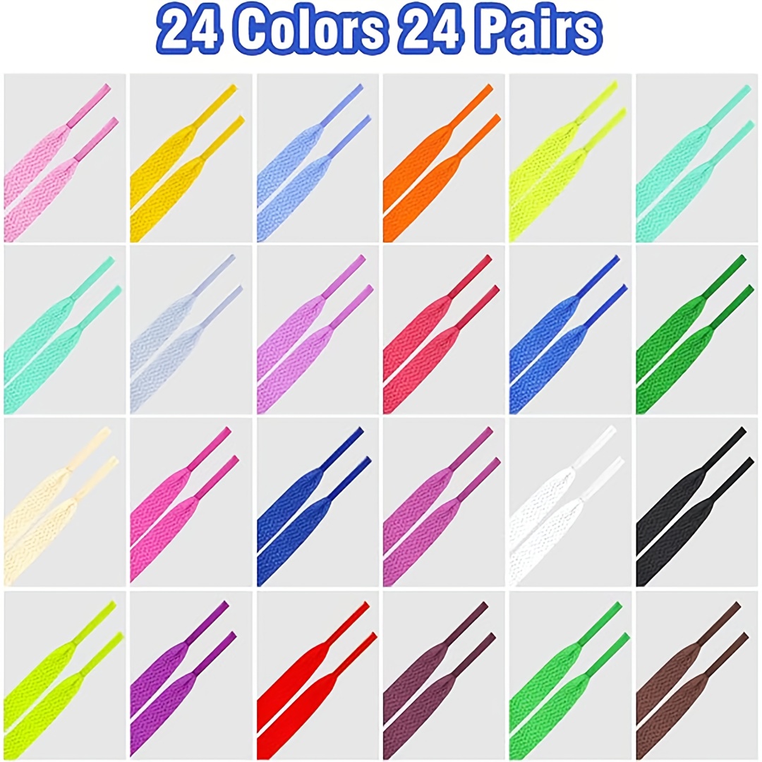 TEMU 24 Pairs Of Flat, Colored Shoelaces, Inches, Suitable For Sneakers, Skate Shoes, Casual Shoes, And Boots, Without Battery