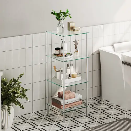 a glass shelving unit with 4 vertical shelves durable and suitable for small spaces saving space suitable for bathrooms bedrooms home offices tempered glass silvery color