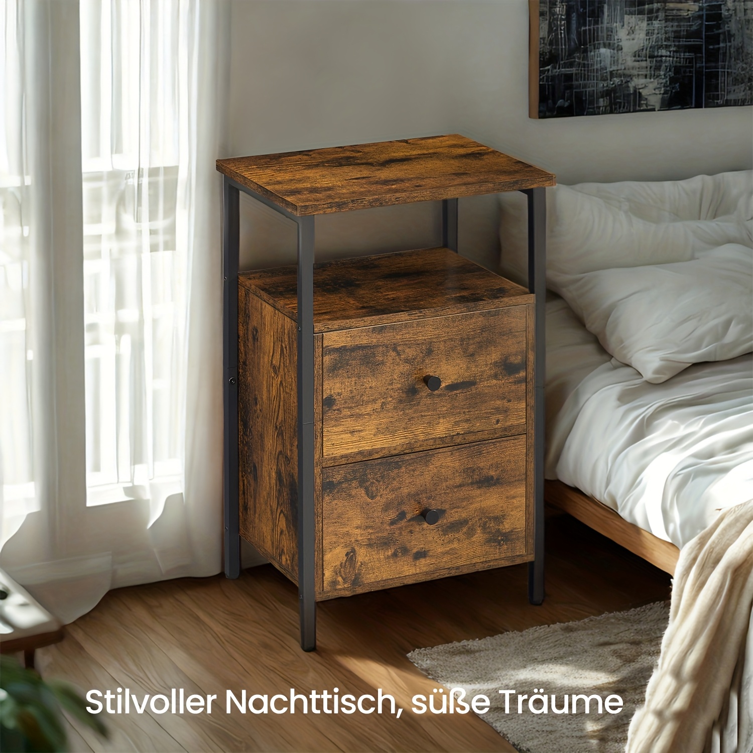 A Compact Storage Unit Measuring 38 X 28 X 60 Cm, Functioning As A Side Or Bedside Table, Featuring 2 Sturdy Drawers, Designed For Durability And , With Brown-black Vintage