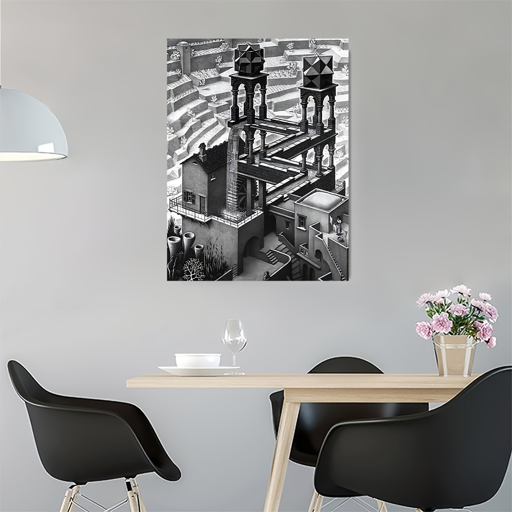 1枚の .エッシャーの滝の錯視をモチーフにした木製フレームキャンバス