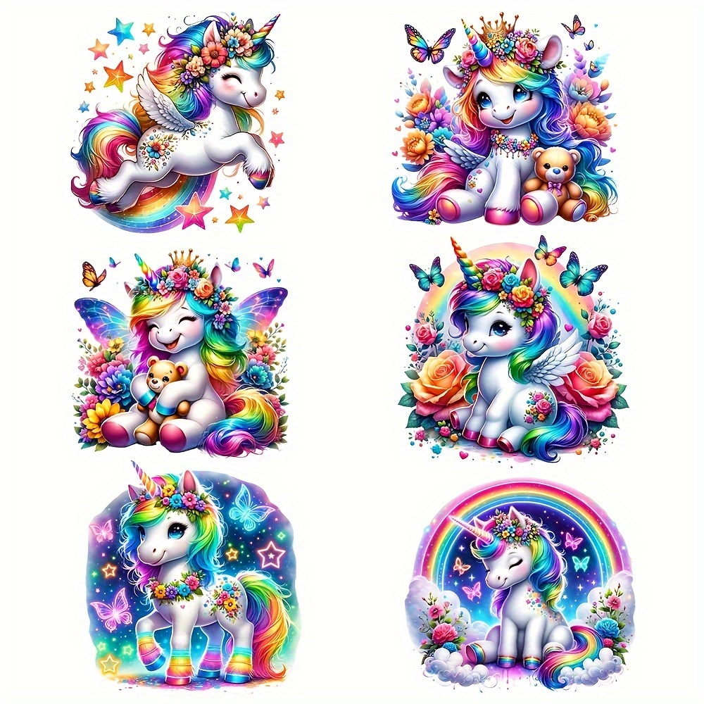 

6pcs Unicorn & Butterfly Iron-on Transfer Stickers Set - Vibrant Rainbow Designs For Diy T-shirts, Jackets, Jeans, Hoodies - Vinyl Heat Press Decals For Clothing Customization