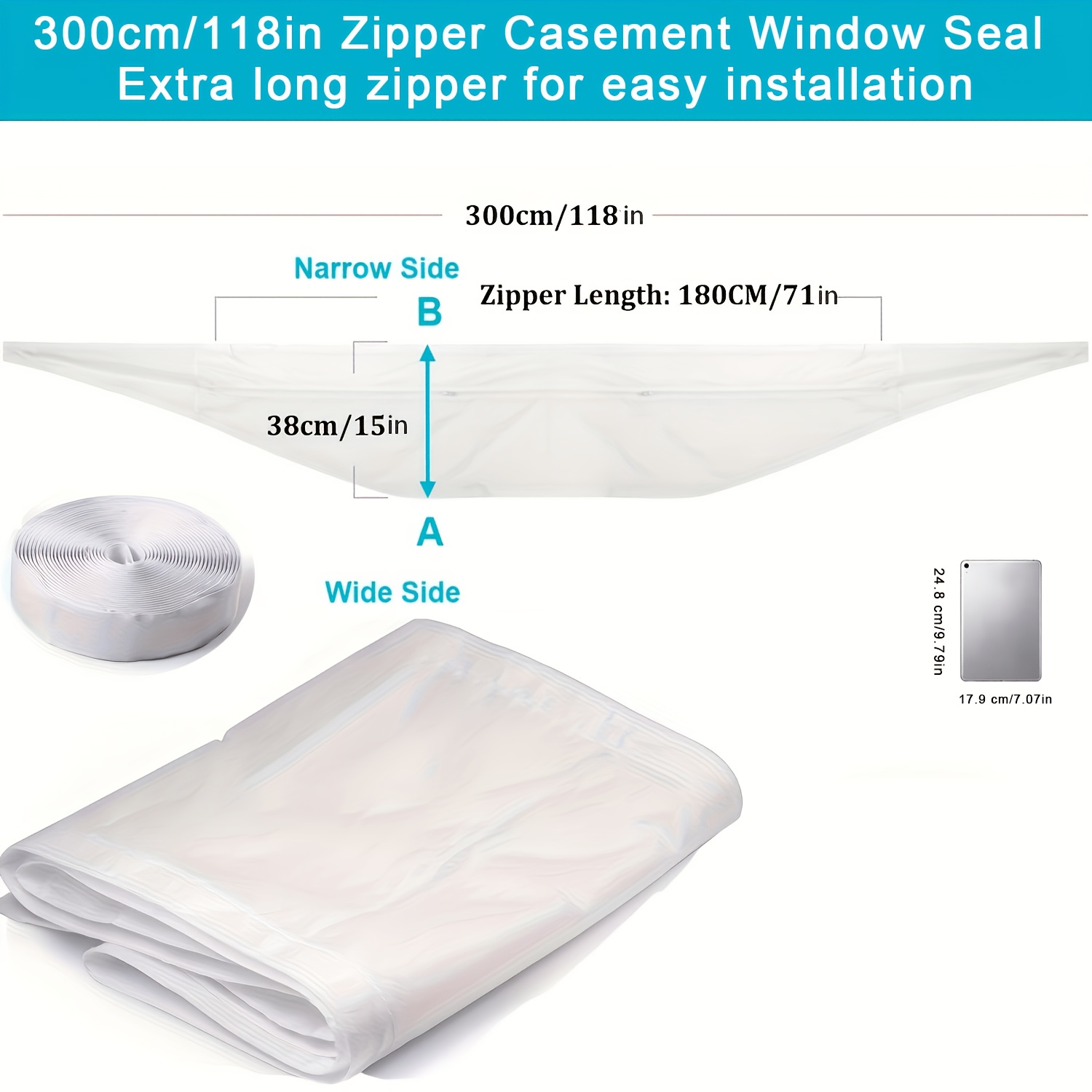 Portable Ac Window Seal Kit, Ac Window Vent Kit 300cm Universal Window Seal For Portable Air Conditioner & Tumble Dryer, Air Exchange Guard With Zippers & Adhesive Fasteners