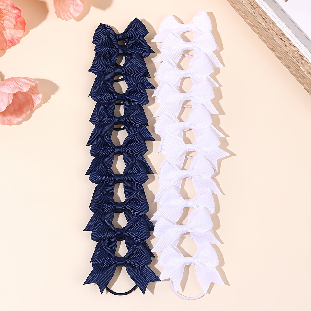 TEMU 20pcs Sweet Navy & White Bow Hair Ties Solid Color Ponytail Holders Casual Hair Accessories For Back To , Campus & Daily Wear