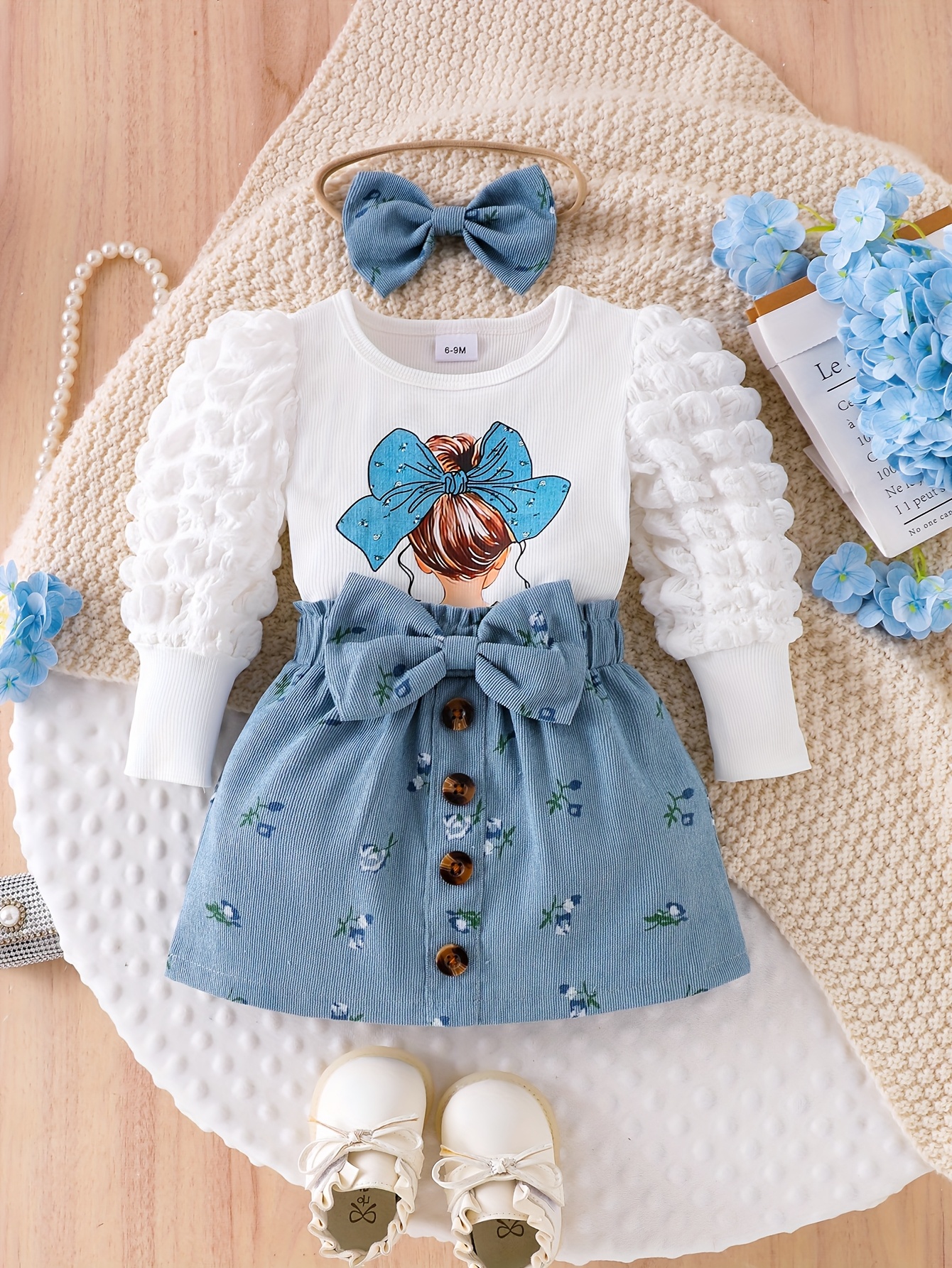 3pcs girls floral print long sleeve t shirt skirt set with bow detail soft stretchy fabric button     hem     casual playwear for outdoor Product details 3