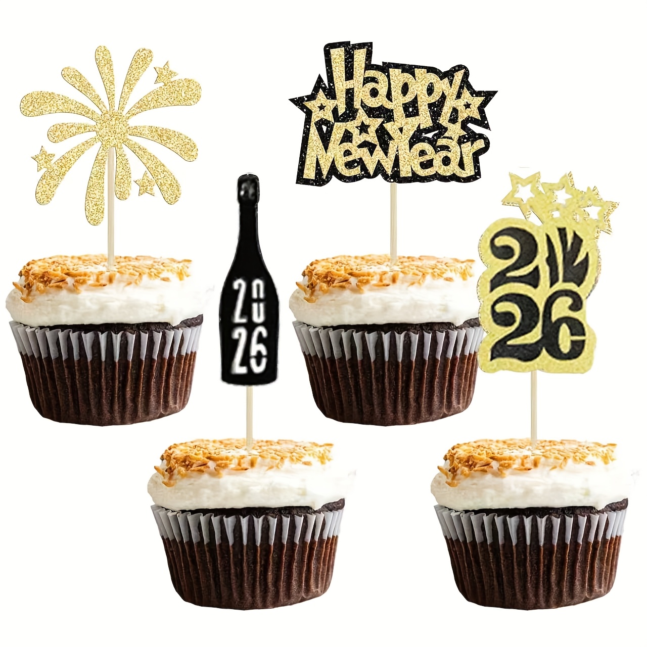 TEMU 12 τεμάχια Happy New Year Cupcake Toppers 2026 - Χρυσά & Μαύρα Γκλίτερ Πυροτεχνήματα Διακοσμήσεις Πάρτι με "Happy New Year" Banner, Αριθμημένα