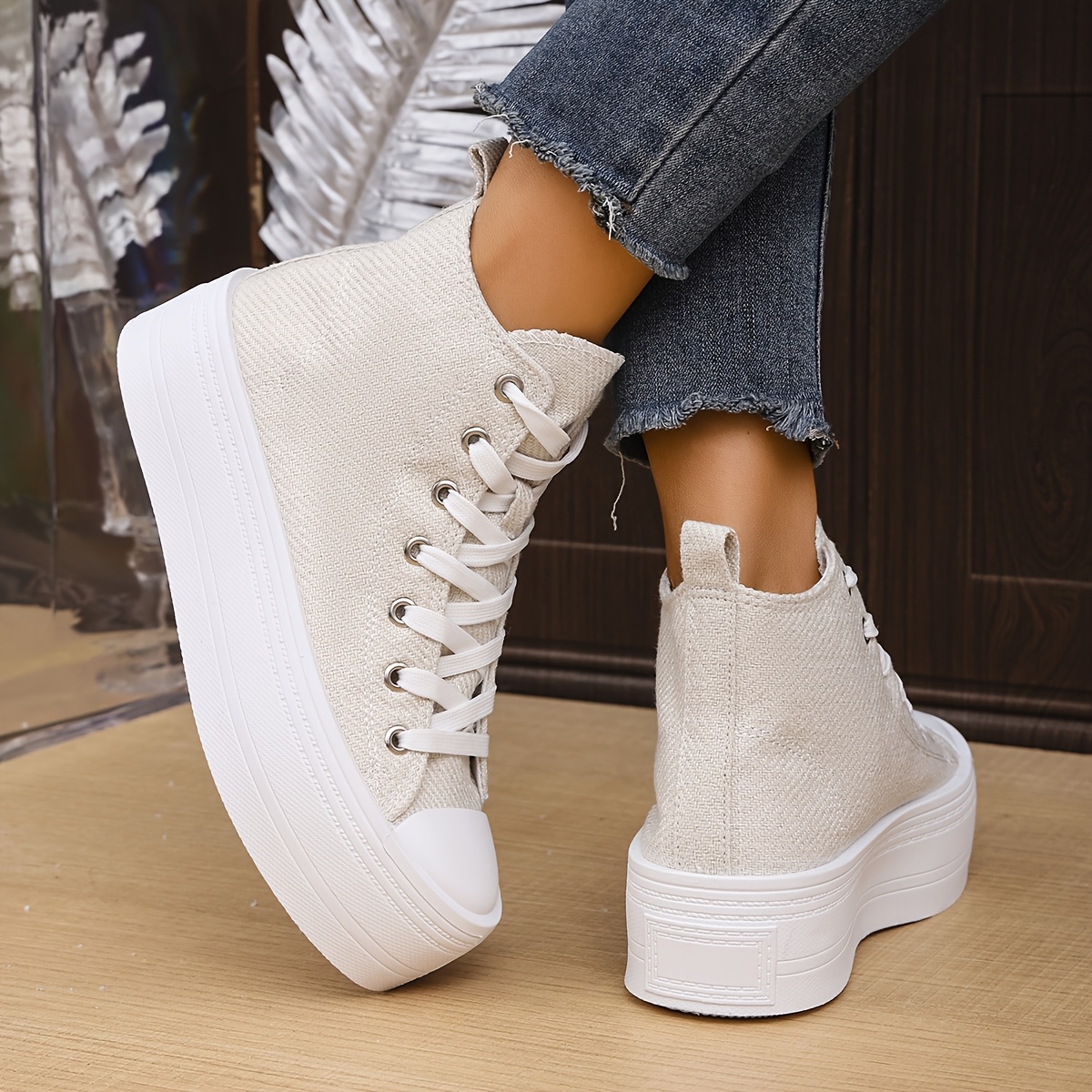 pair womens solid color canvas sneakers high top platform Temu