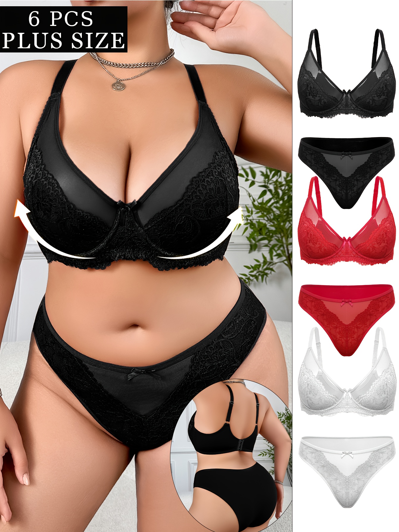 6-delig Dames Plus Size Sexy Lingerie Set, Bloemenborduurwerk Doorschijnende BH en Mesh Lage Taille Slipjes, Stalen Cirkel Lift Anti-Sag, Ademende en Comfortabele Kant BH Set met Verstelbare Bandjes en Strik Decoratie, Dagelijkse Lingerie en Slipjes