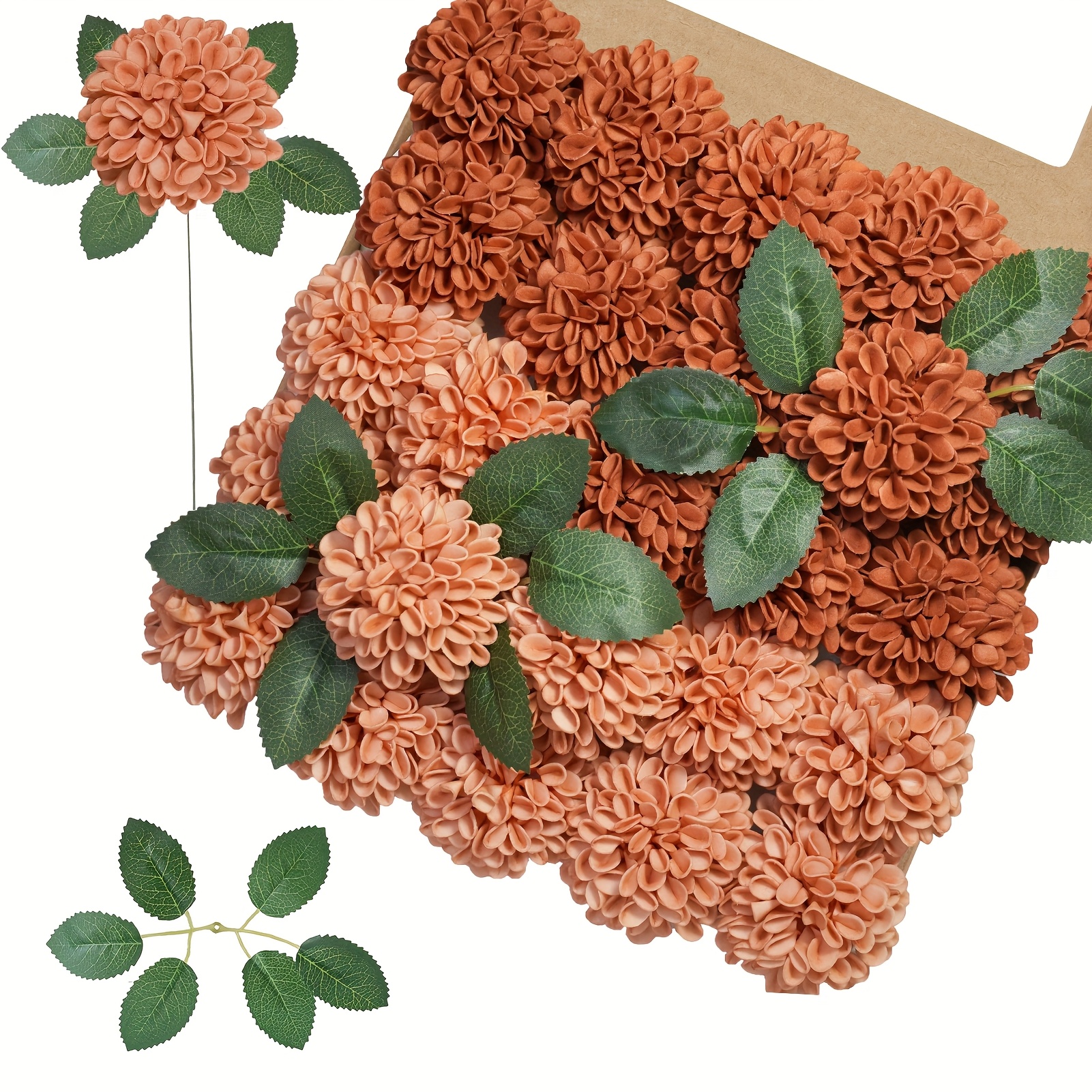 Image of Autumn- Brown-orange Oriental Daisy Faux Flower Set (29pcs), Including 25pcs 7.9cm Diameter Oriental Daisies And 4pcs Rose Leaves